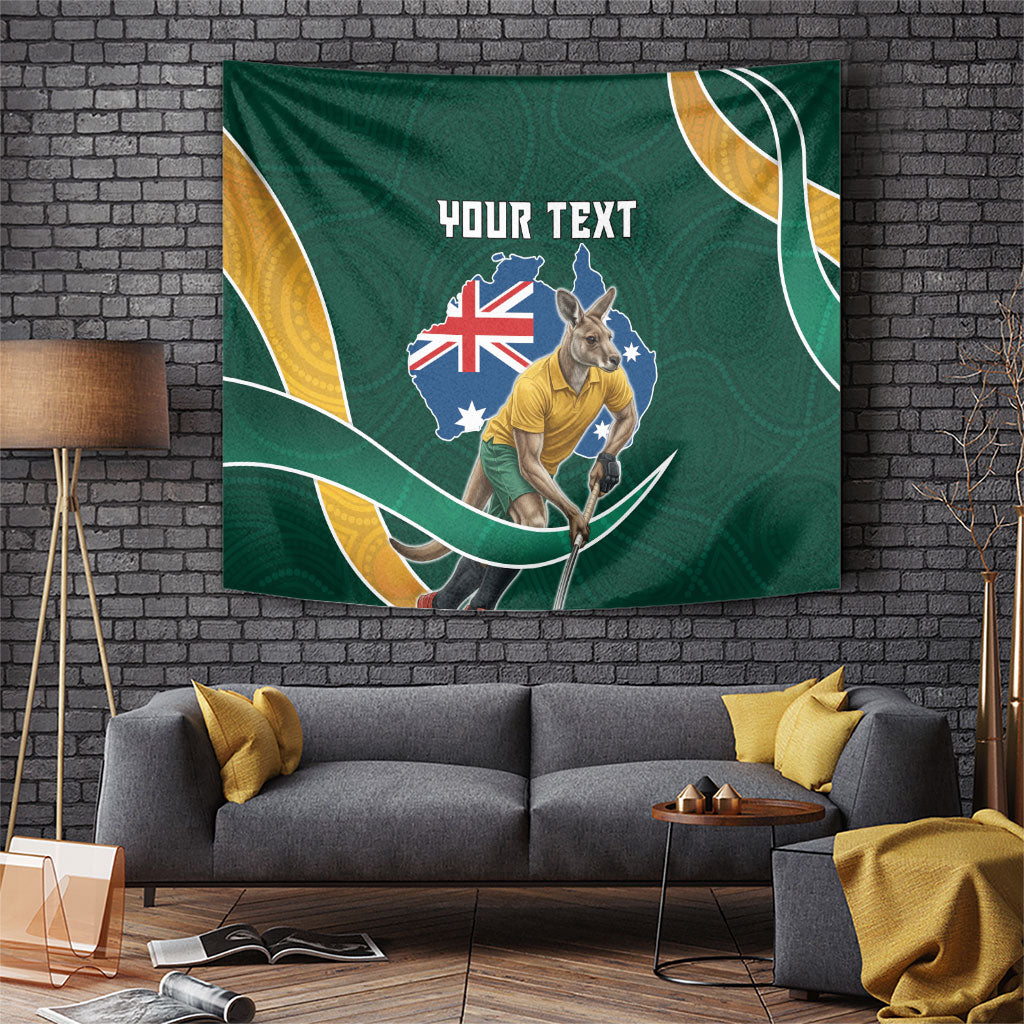 Personalized Kookaburras Field Hockey Kangaroo Tapestry Australian Flag Map With Abstract Green And Gold Wave Pattern