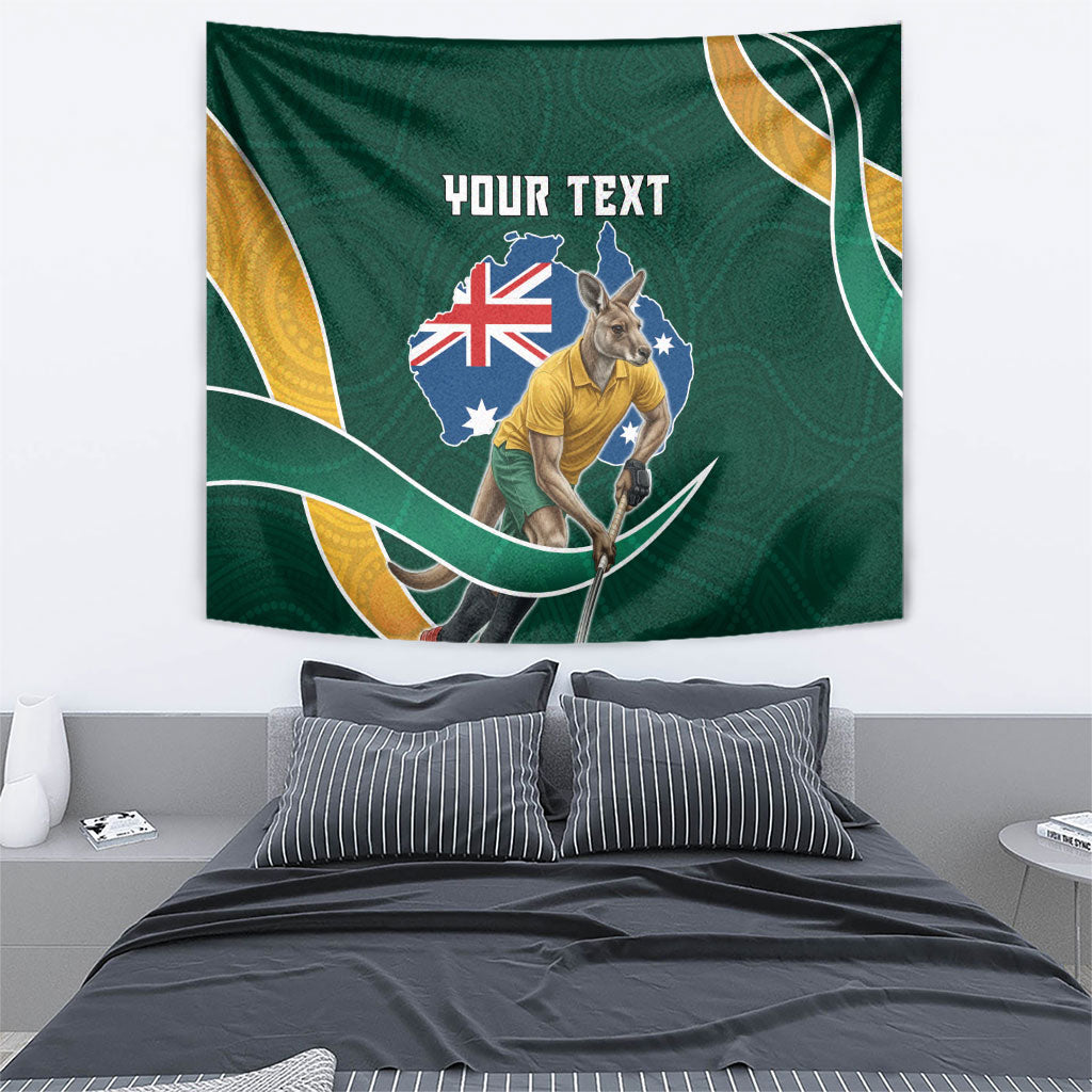 Personalized Kookaburras Field Hockey Kangaroo Tapestry Australian Flag Map With Abstract Green And Gold Wave Pattern