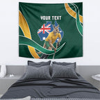 Personalized Kookaburras Field Hockey Kangaroo Tapestry Australian Flag Map With Abstract Green And Gold Wave Pattern
