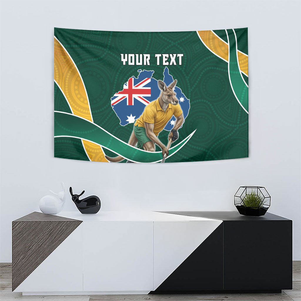 Personalized Kookaburras Field Hockey Kangaroo Tapestry Australian Flag Map With Abstract Green And Gold Wave Pattern