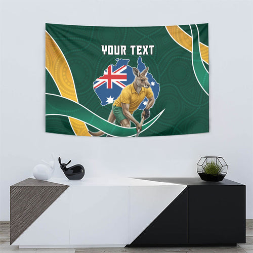 Personalized Kookaburras Field Hockey Kangaroo Tapestry Australian Flag Map With Abstract Green And Gold Wave Pattern