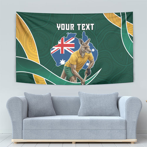 Personalized Kookaburras Field Hockey Kangaroo Tapestry Australian Flag Map With Abstract Green And Gold Wave Pattern