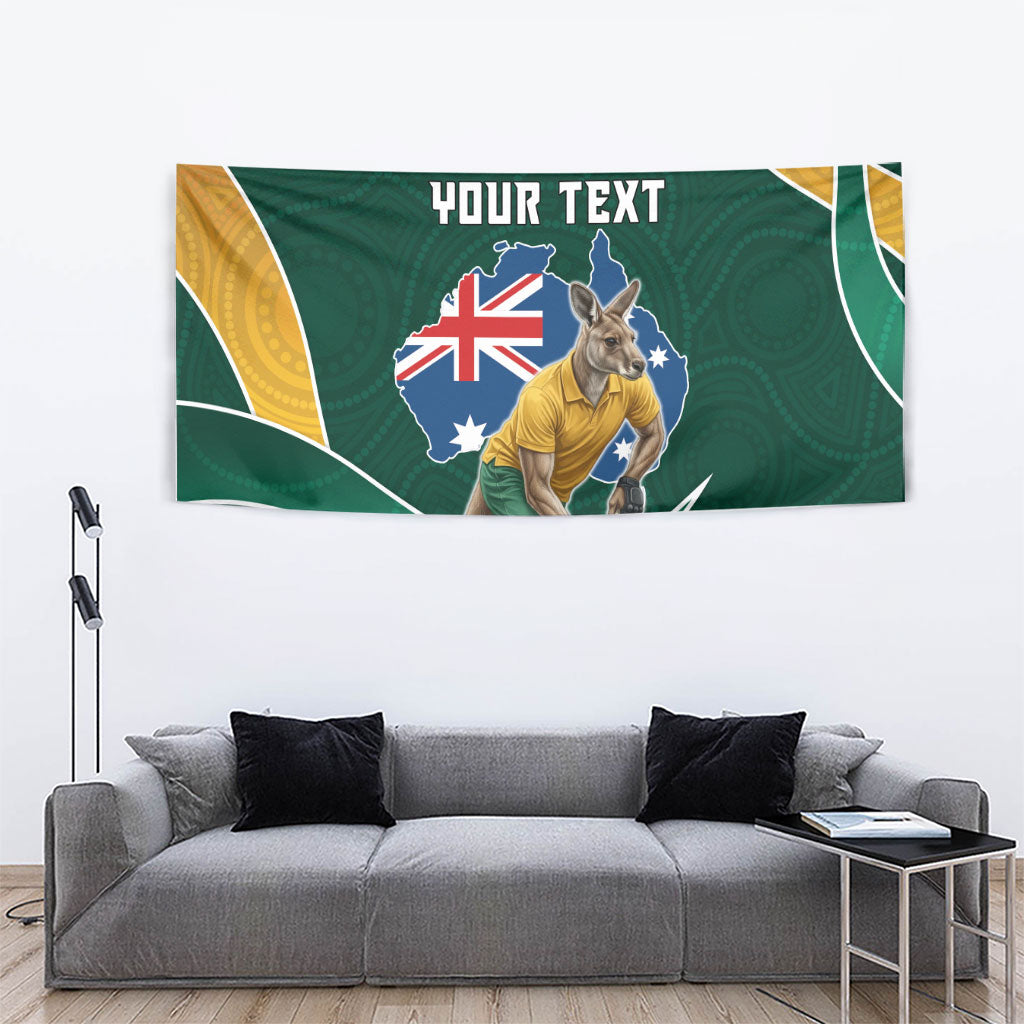 Personalized Kookaburras Field Hockey Kangaroo Tapestry Australian Flag Map With Abstract Green And Gold Wave Pattern
