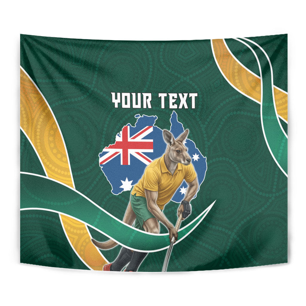 Personalized Kookaburras Field Hockey Kangaroo Tapestry Australian Flag Map With Abstract Green And Gold Wave Pattern