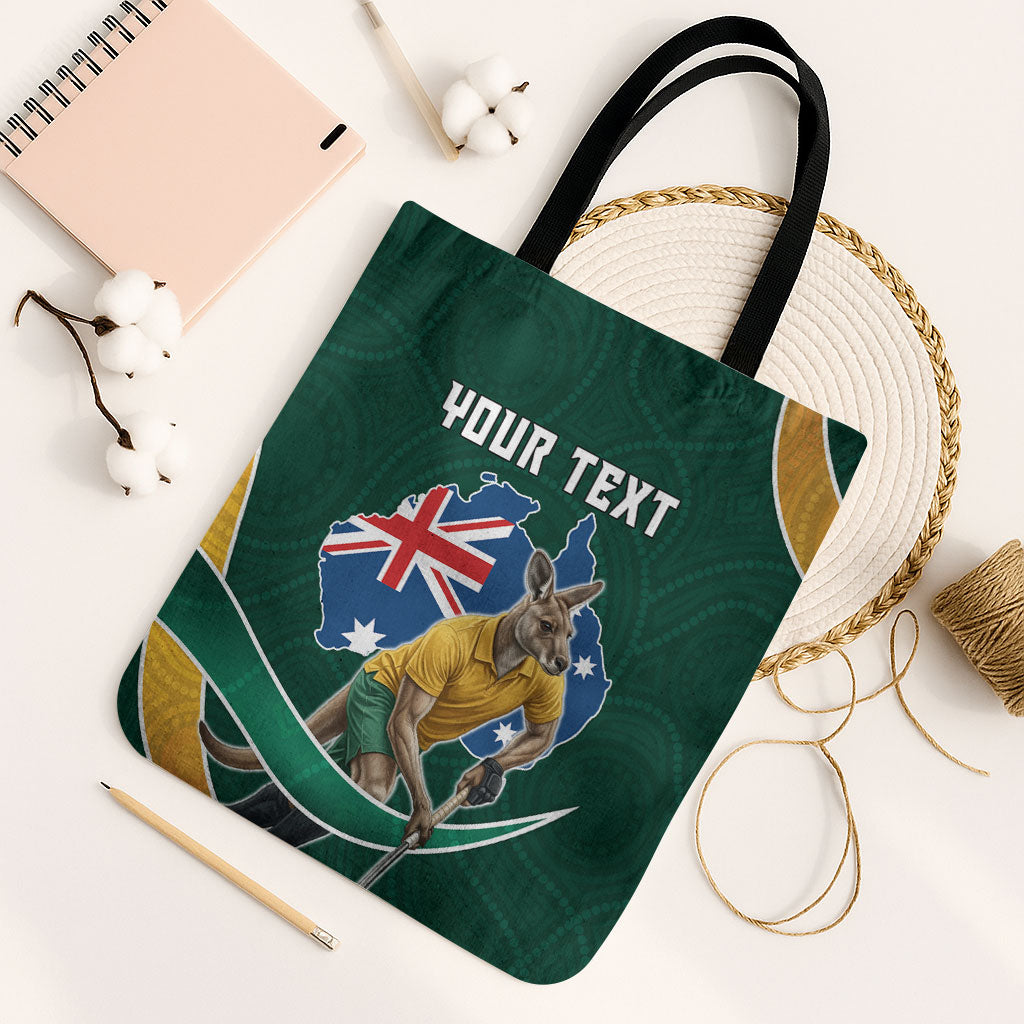 Personalized Kookaburras Field Hockey Kangaroo Tote Bag Australian Flag Map With Abstract Green And Gold Wave Pattern