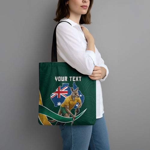 Personalized Kookaburras Field Hockey Kangaroo Tote Bag Australian Flag Map With Abstract Green And Gold Wave Pattern