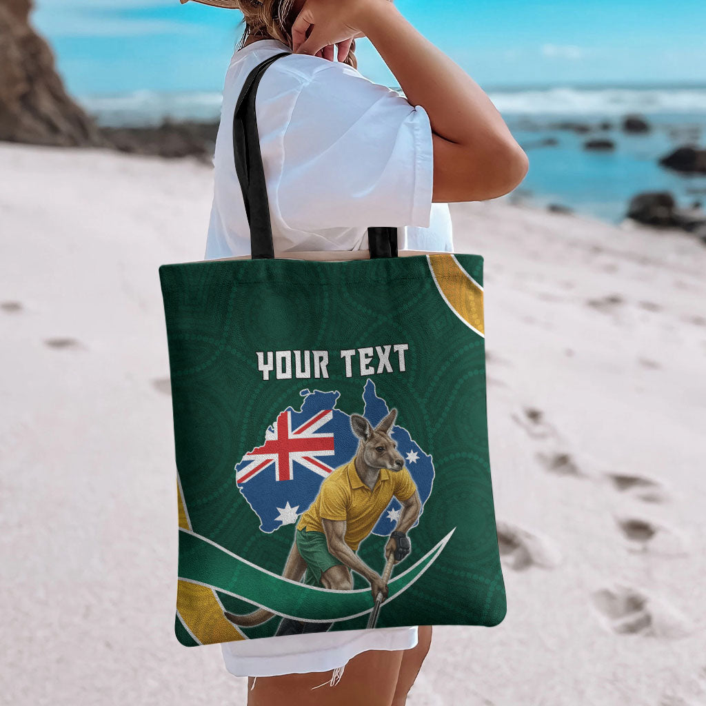 Personalized Kookaburras Field Hockey Kangaroo Tote Bag Australian Flag Map With Abstract Green And Gold Wave Pattern