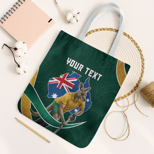 Personalized Kookaburras Field Hockey Kangaroo Tote Bag Australian Flag Map With Abstract Green And Gold Wave Pattern