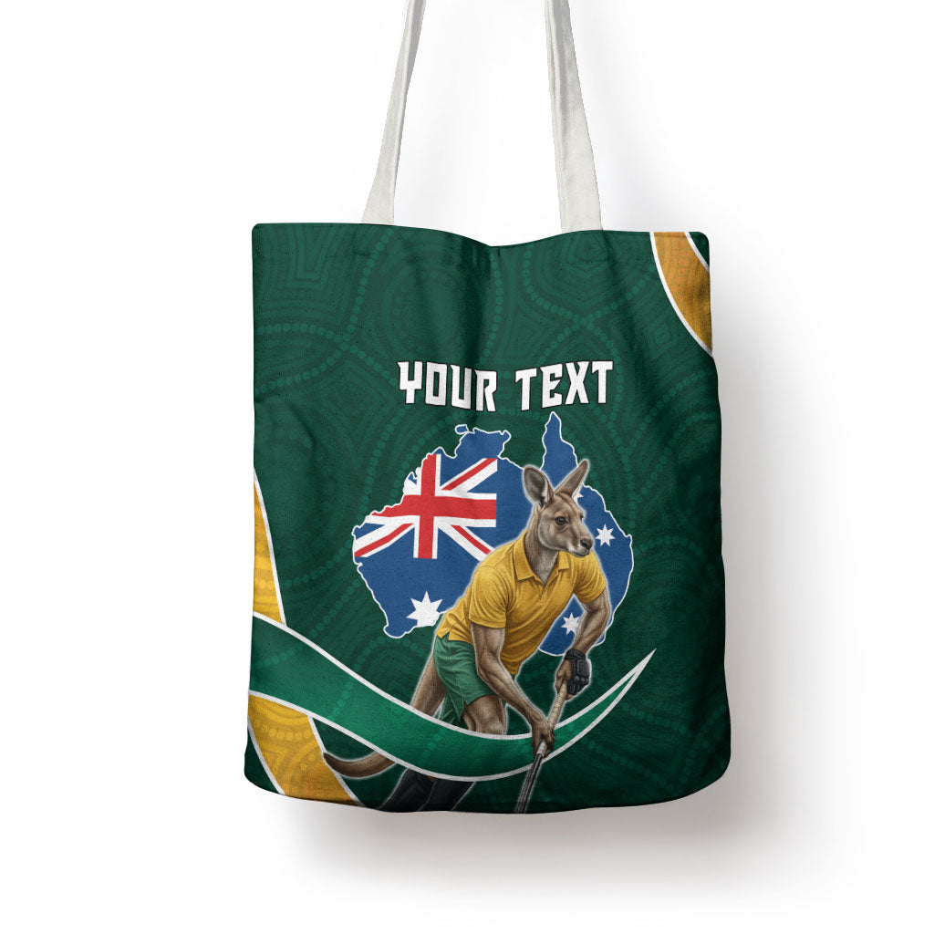 Personalized Kookaburras Field Hockey Kangaroo Tote Bag Australian Flag Map With Abstract Green And Gold Wave Pattern