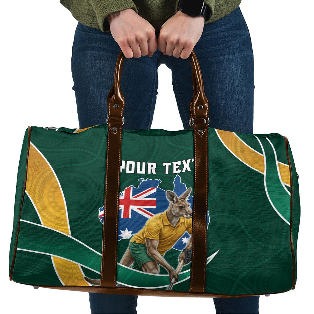 Personalized Kookaburras Field Hockey Kangaroo Travel Bag Australian Flag Map With Abstract Green And Gold Wave Pattern