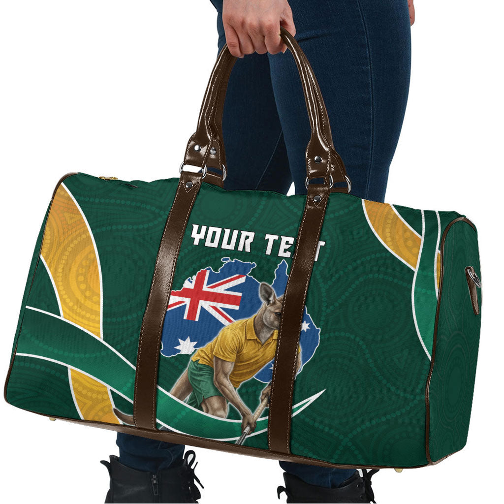 Personalized Kookaburras Field Hockey Kangaroo Travel Bag Australian Flag Map With Abstract Green And Gold Wave Pattern