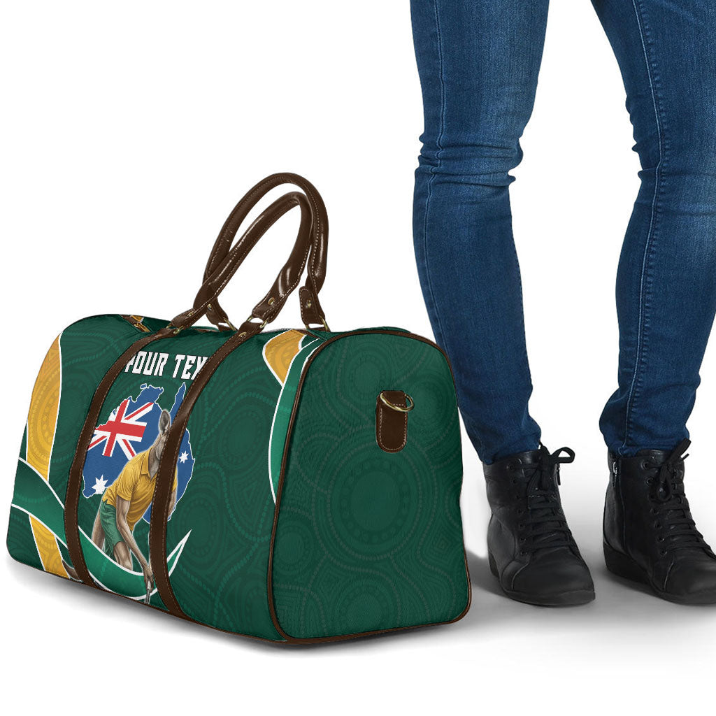 Personalized Kookaburras Field Hockey Kangaroo Travel Bag Australian Flag Map With Abstract Green And Gold Wave Pattern