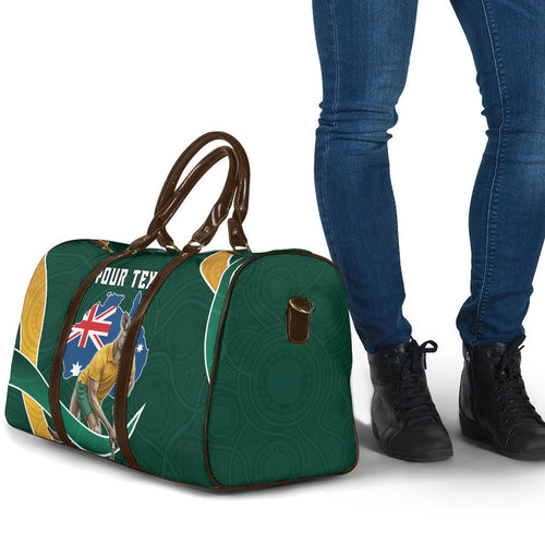 Personalized Kookaburras Field Hockey Kangaroo Travel Bag Australian Flag Map With Abstract Green And Gold Wave Pattern