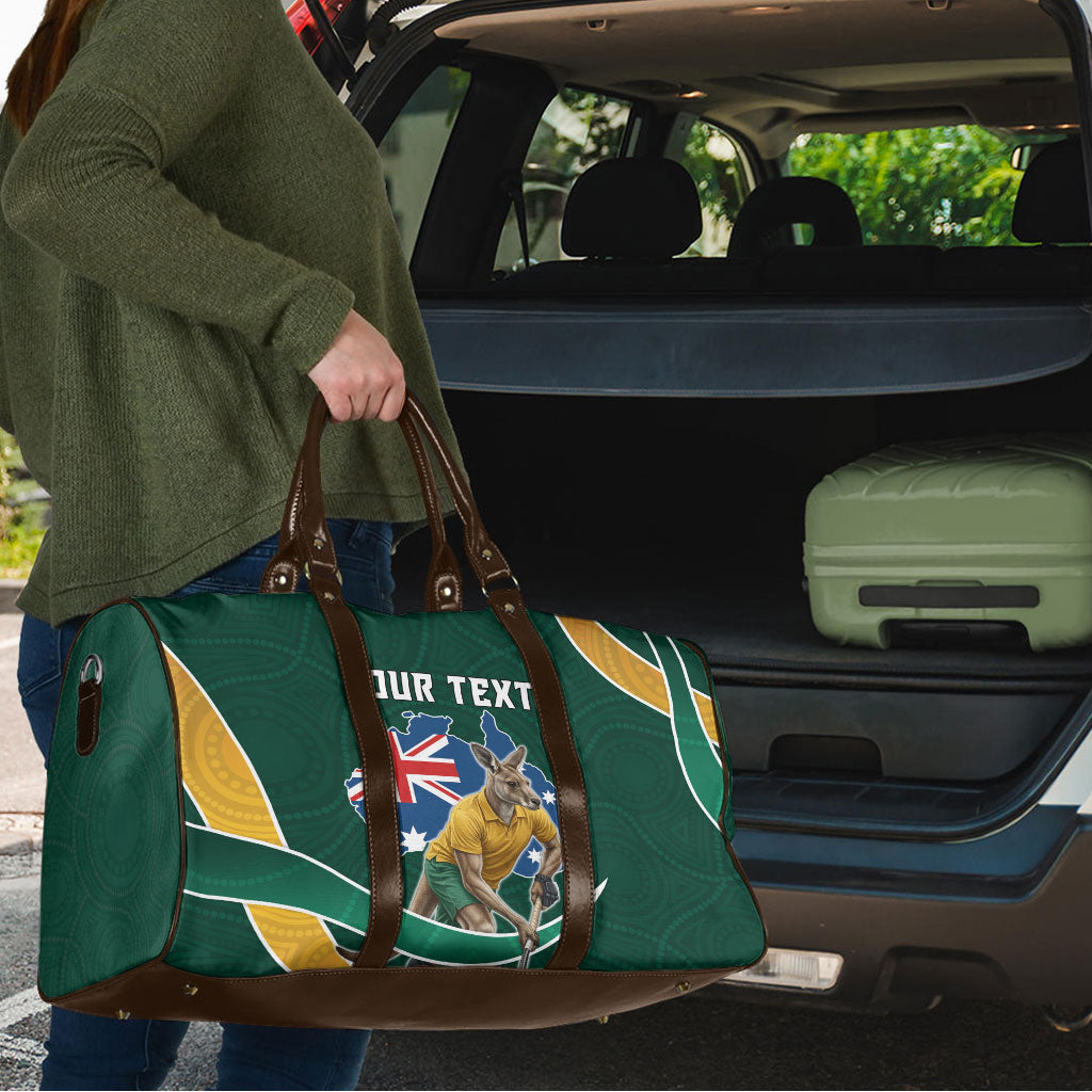 Personalized Kookaburras Field Hockey Kangaroo Travel Bag Australian Flag Map With Abstract Green And Gold Wave Pattern