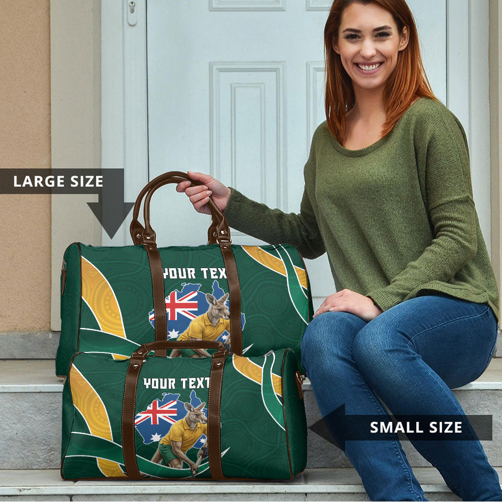 Personalized Kookaburras Field Hockey Kangaroo Travel Bag Australian Flag Map With Abstract Green And Gold Wave Pattern
