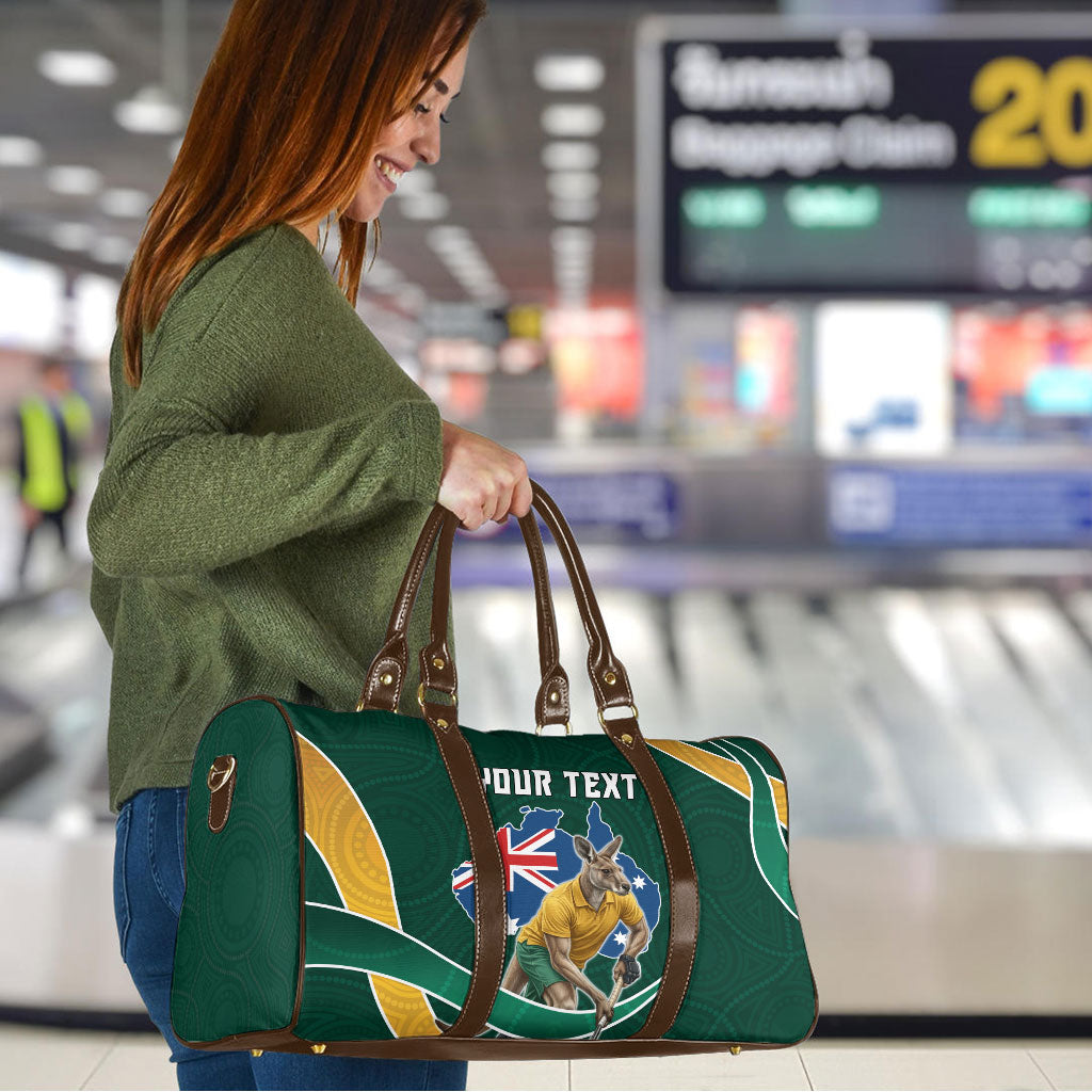 Personalized Kookaburras Field Hockey Kangaroo Travel Bag Australian Flag Map With Abstract Green And Gold Wave Pattern
