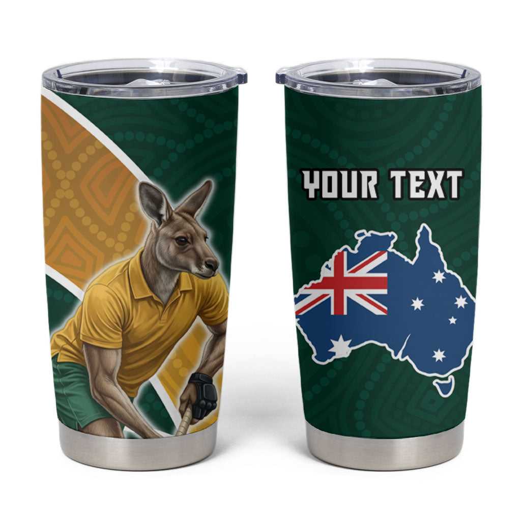 Personalized Kookaburras Field Hockey Kangaroo Tumbler Cup Australian Flag Map With Abstract Green And Gold Wave Pattern