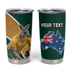 Personalized Kookaburras Field Hockey Kangaroo Tumbler Cup Australian Flag Map With Abstract Green And Gold Wave Pattern