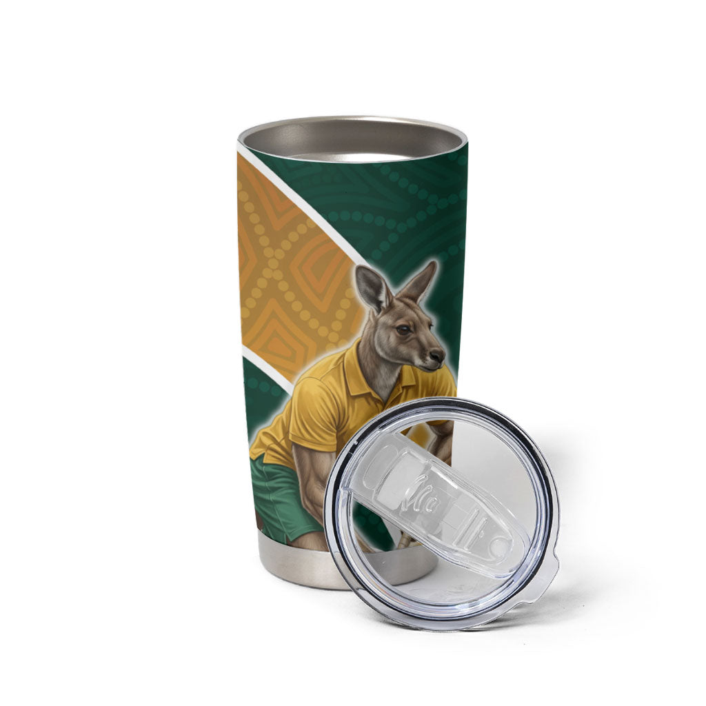 Personalized Kookaburras Field Hockey Kangaroo Tumbler Cup Australian Flag Map With Abstract Green And Gold Wave Pattern