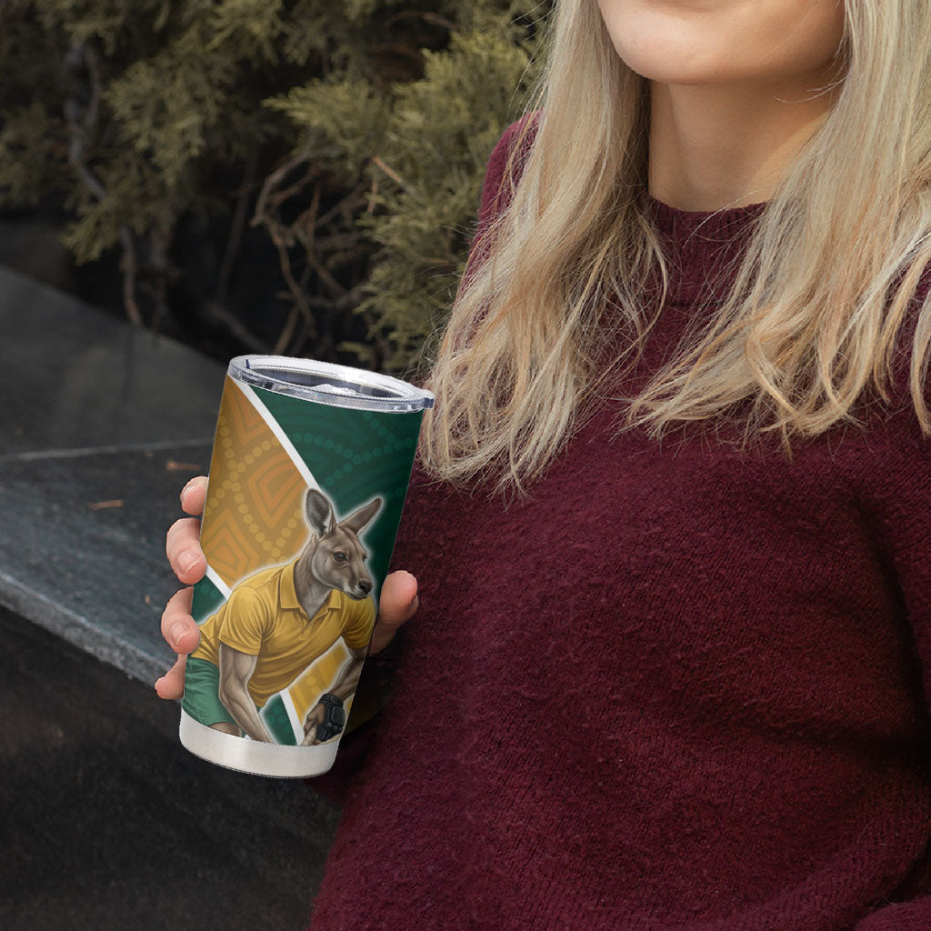 Personalized Kookaburras Field Hockey Kangaroo Tumbler Cup Australian Flag Map With Abstract Green And Gold Wave Pattern