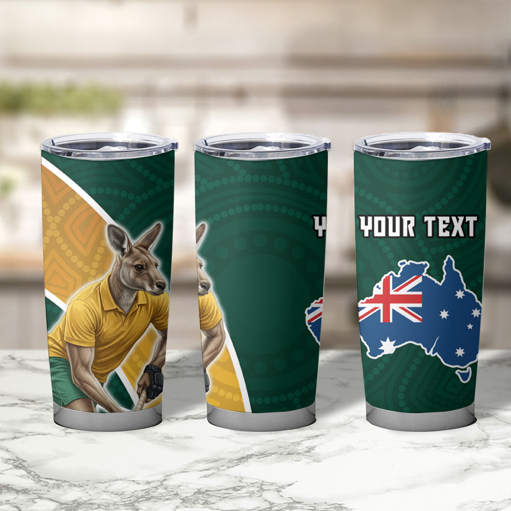 Personalized Kookaburras Field Hockey Kangaroo Tumbler Cup Australian Flag Map With Abstract Green And Gold Wave Pattern