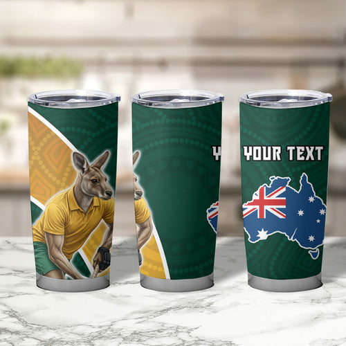 Personalized Kookaburras Field Hockey Kangaroo Tumbler Cup Australian Flag Map With Abstract Green And Gold Wave Pattern