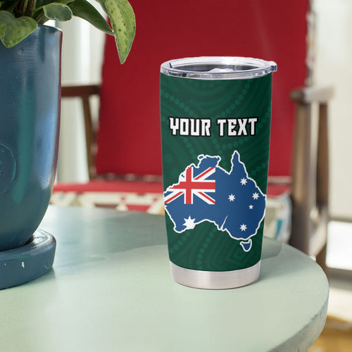 Personalized Kookaburras Field Hockey Kangaroo Tumbler Cup Australian Flag Map With Abstract Green And Gold Wave Pattern