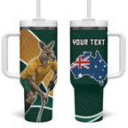 Personalized Kookaburras Field Hockey Kangaroo Tumbler With Handle Australian Flag Map With Abstract Green And Gold Wave Pattern