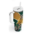 Personalized Kookaburras Field Hockey Kangaroo Tumbler With Handle Australian Flag Map With Abstract Green And Gold Wave Pattern