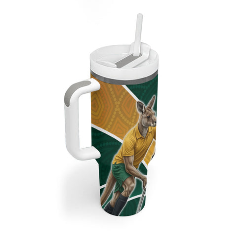 Personalized Kookaburras Field Hockey Kangaroo Tumbler With Handle Australian Flag Map With Abstract Green And Gold Wave Pattern