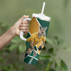 Personalized Kookaburras Field Hockey Kangaroo Tumbler With Handle Australian Flag Map With Abstract Green And Gold Wave Pattern