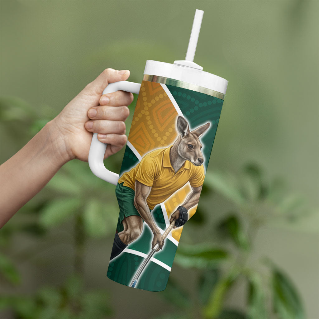 Personalized Kookaburras Field Hockey Kangaroo Tumbler With Handle Australian Flag Map With Abstract Green And Gold Wave Pattern