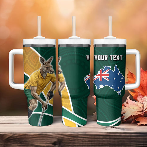 Personalized Kookaburras Field Hockey Kangaroo Tumbler With Handle Australian Flag Map With Abstract Green And Gold Wave Pattern