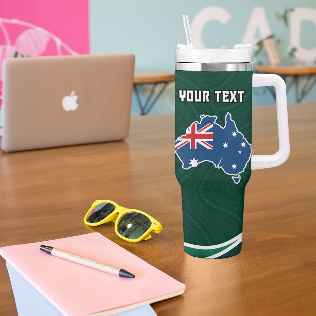 Personalized Kookaburras Field Hockey Kangaroo Tumbler With Handle Australian Flag Map With Abstract Green And Gold Wave Pattern
