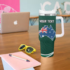 Personalized Kookaburras Field Hockey Kangaroo Tumbler With Handle Australian Flag Map With Abstract Green And Gold Wave Pattern