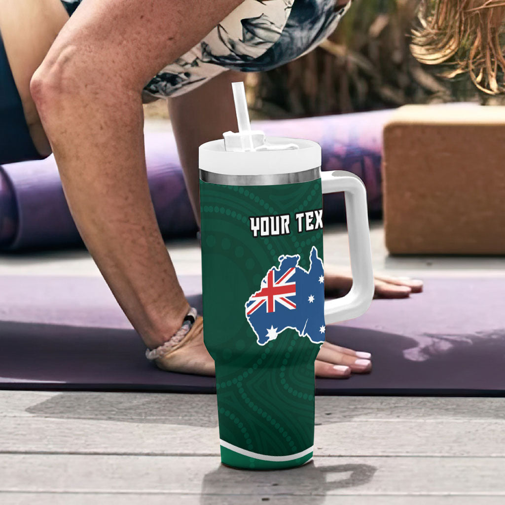Personalized Kookaburras Field Hockey Kangaroo Tumbler With Handle Australian Flag Map With Abstract Green And Gold Wave Pattern