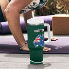 Personalized Kookaburras Field Hockey Kangaroo Tumbler With Handle Australian Flag Map With Abstract Green And Gold Wave Pattern