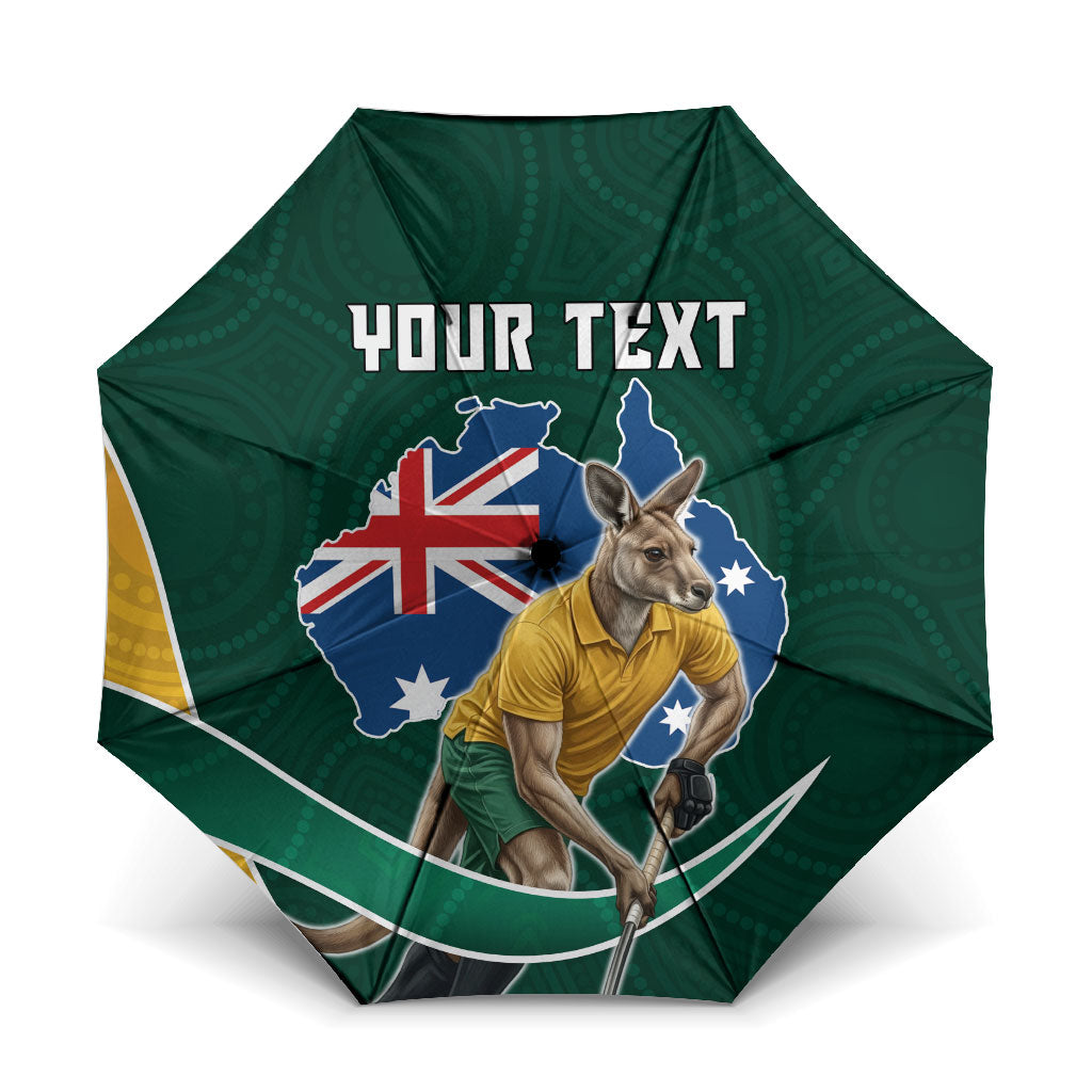 Personalized Kookaburras Field Hockey Kangaroo Umbrella Australian Flag Map With Abstract Green And Gold Wave Pattern