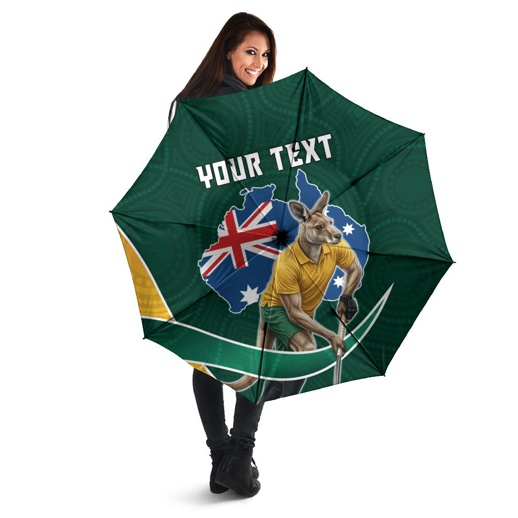 Personalized Kookaburras Field Hockey Kangaroo Umbrella Australian Flag Map With Abstract Green And Gold Wave Pattern
