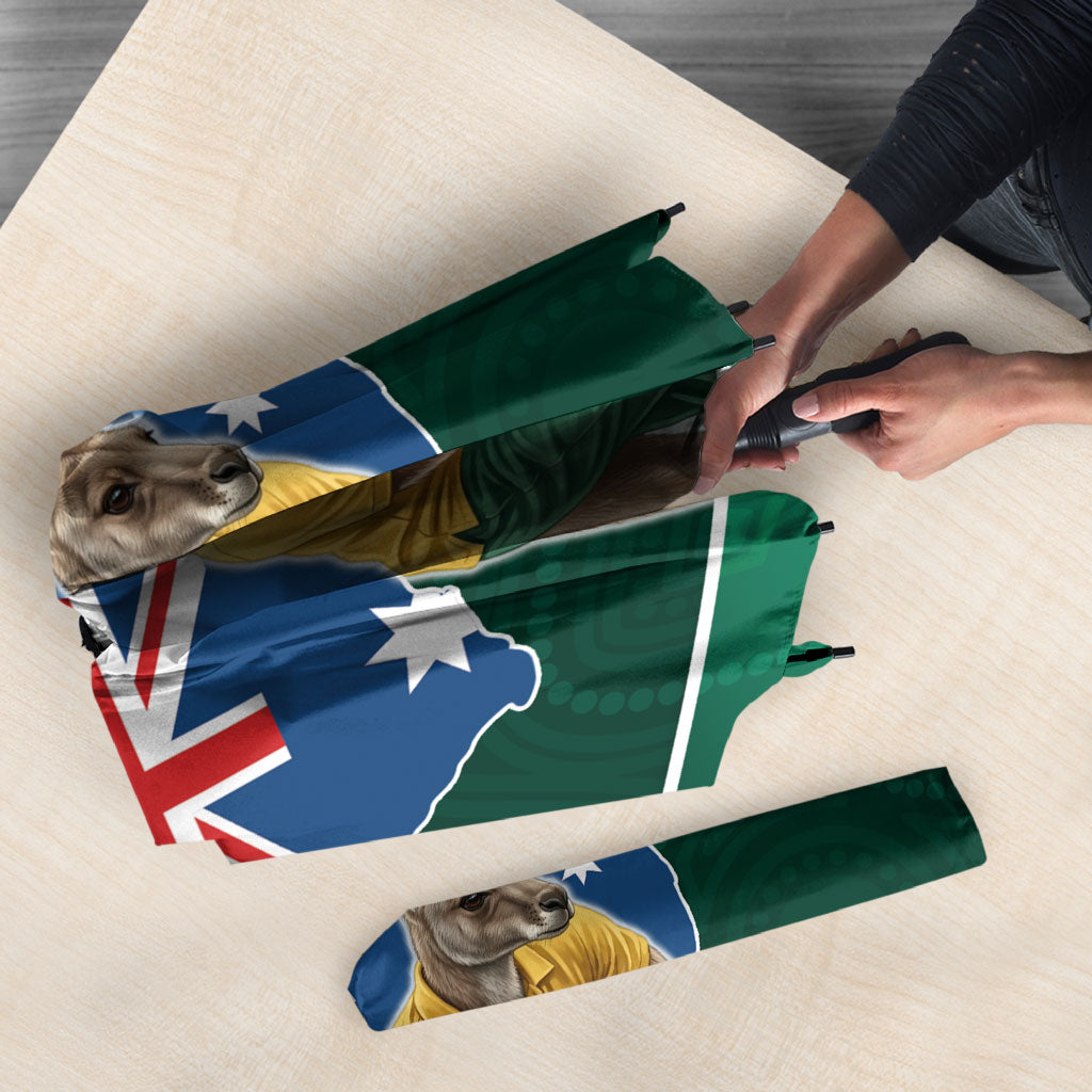 Personalized Kookaburras Field Hockey Kangaroo Umbrella Australian Flag Map With Abstract Green And Gold Wave Pattern