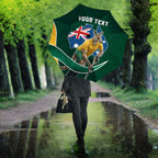 Personalized Kookaburras Field Hockey Kangaroo Umbrella Australian Flag Map With Abstract Green And Gold Wave Pattern