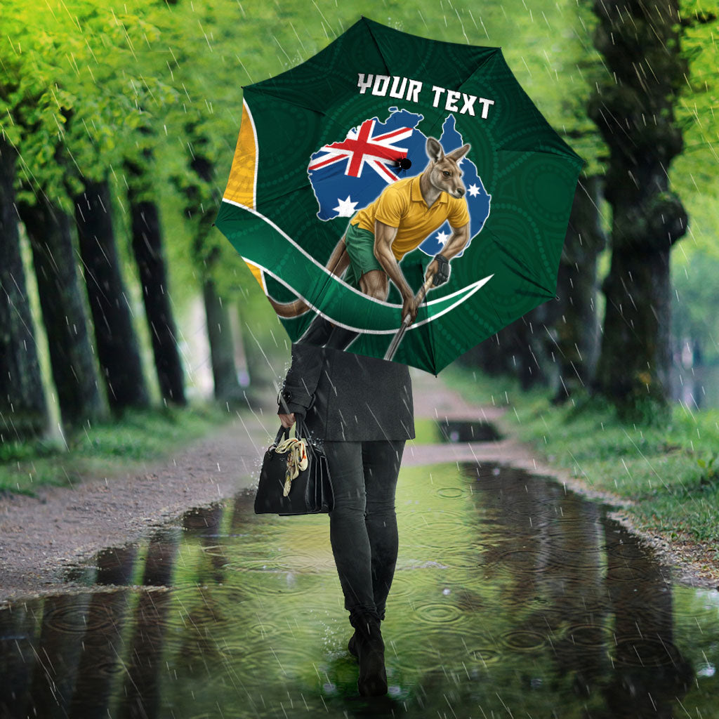 Personalized Kookaburras Field Hockey Kangaroo Umbrella Australian Flag Map With Abstract Green And Gold Wave Pattern