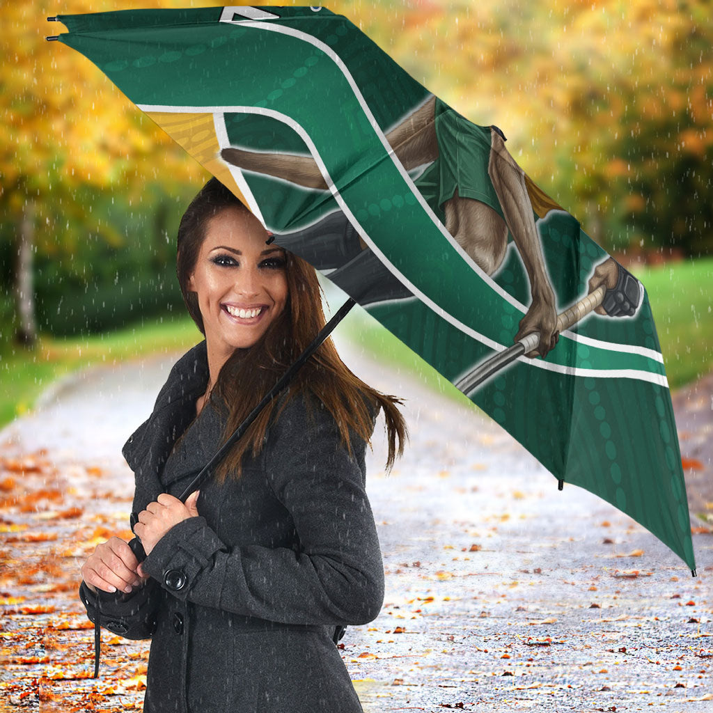 Personalized Kookaburras Field Hockey Kangaroo Umbrella Australian Flag Map With Abstract Green And Gold Wave Pattern