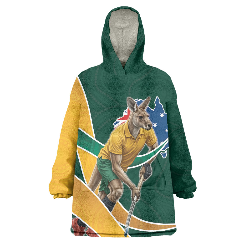 Personalized Kookaburras Field Hockey Kangaroo Wearable Blanket Hoodie Australian Flag Map With Abstract Green And Gold Wave Pattern