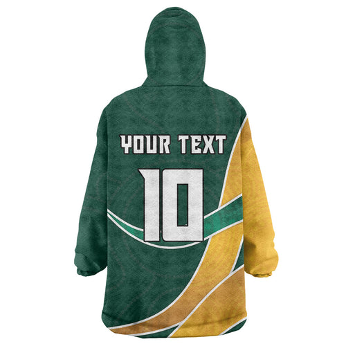Personalized Kookaburras Field Hockey Kangaroo Wearable Blanket Hoodie Australian Flag Map With Abstract Green And Gold Wave Pattern
