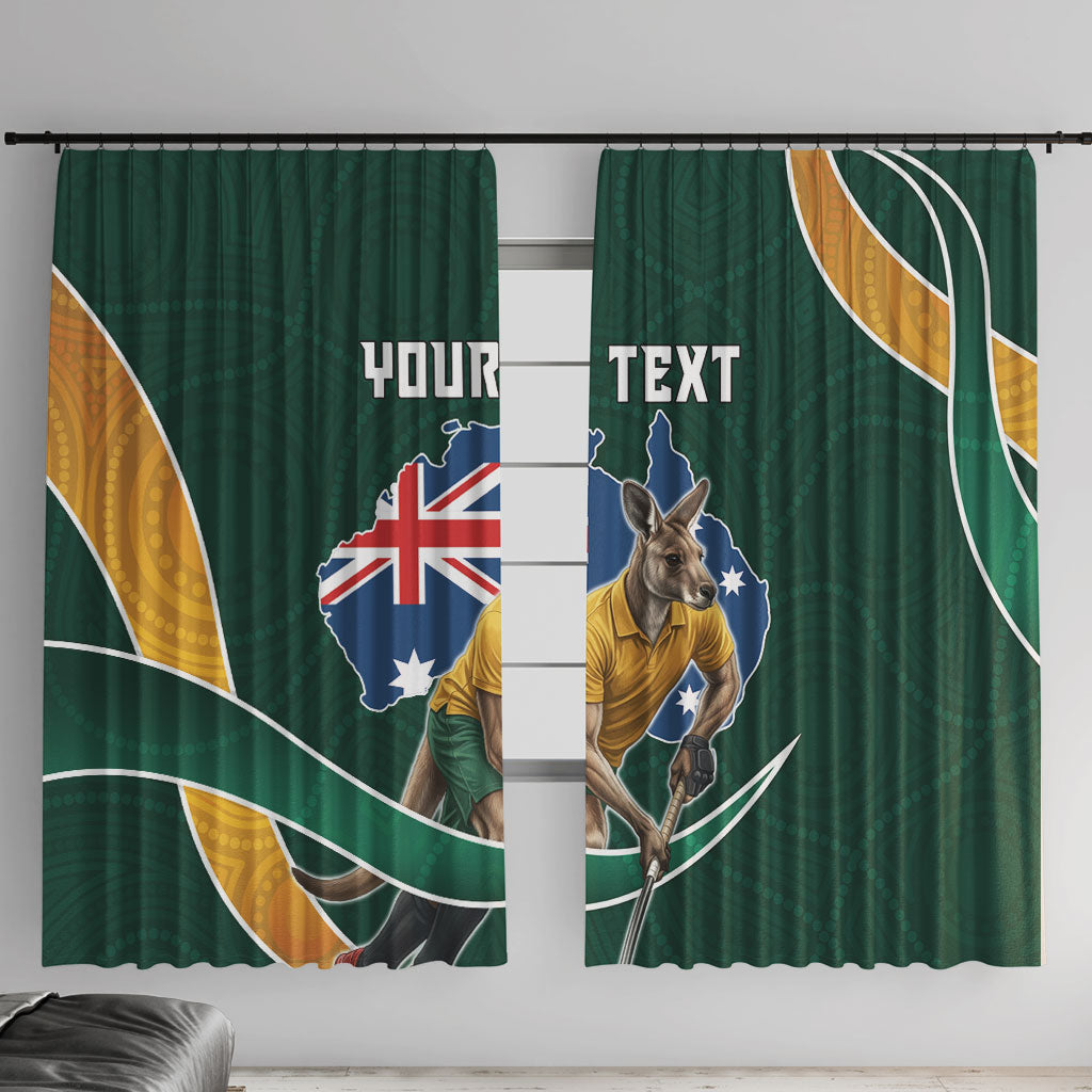 Personalized Kookaburras Field Hockey Kangaroo Window Curtain Australian Flag Map With Abstract Green And Gold Wave Pattern