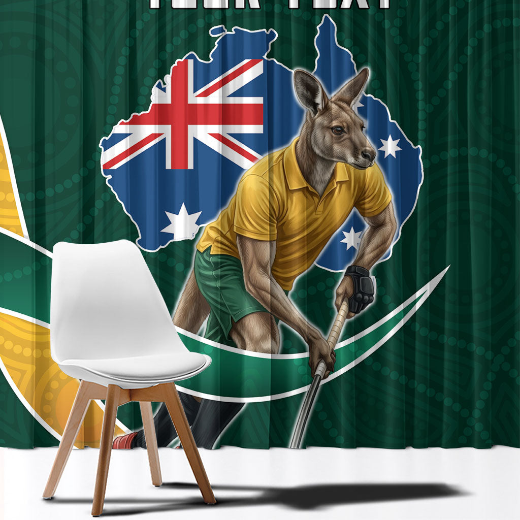 Personalized Kookaburras Field Hockey Kangaroo Window Curtain Australian Flag Map With Abstract Green And Gold Wave Pattern