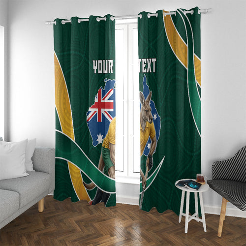 Personalized Kookaburras Field Hockey Kangaroo Window Curtain Australian Flag Map With Abstract Green And Gold Wave Pattern