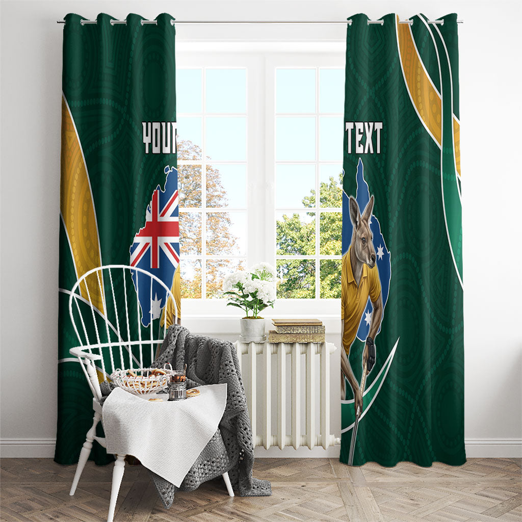 Personalized Kookaburras Field Hockey Kangaroo Window Curtain Australian Flag Map With Abstract Green And Gold Wave Pattern