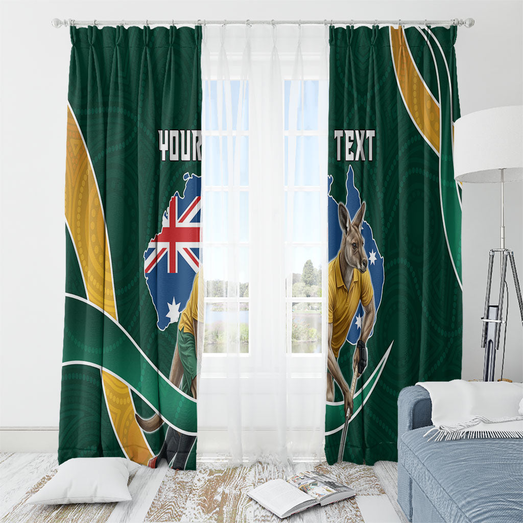 Personalized Kookaburras Field Hockey Kangaroo Window Curtain Australian Flag Map With Abstract Green And Gold Wave Pattern